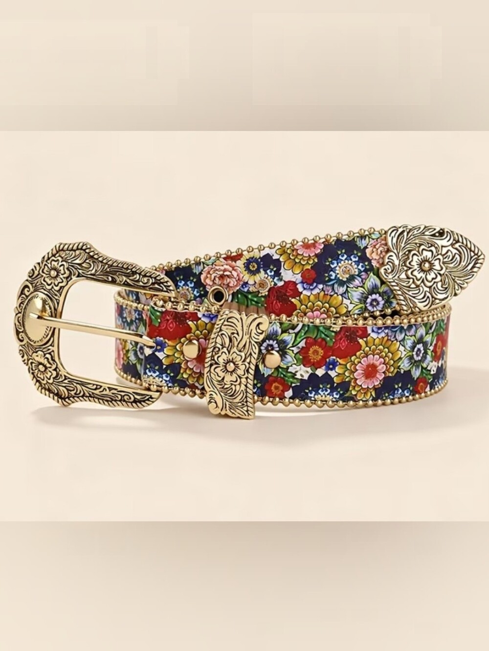 Floral Embellished Women's Belt with Antique Gold Buckle